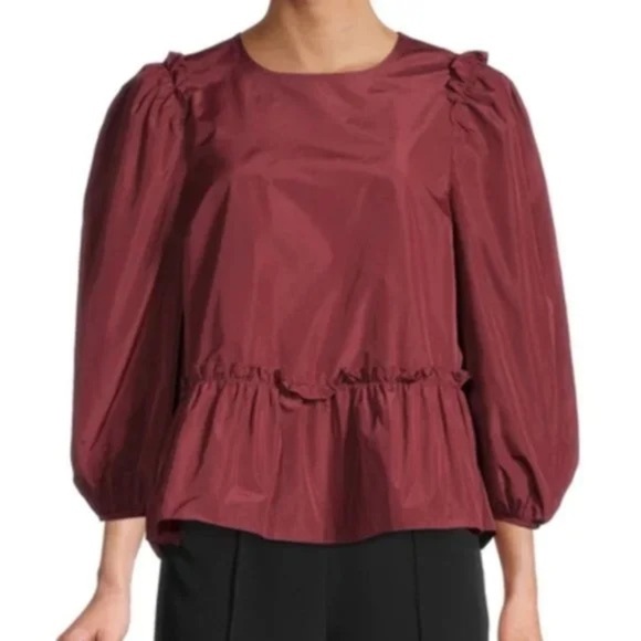 Cinq À Sept Jackie Satin Ruffle Top in Sangria M - Picture 2 of 8